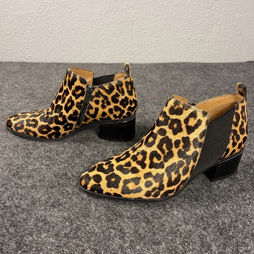 Franco Sarto Leopard Booties Womens Size 8 Calf Hair Ankle Zip Heel Pointed